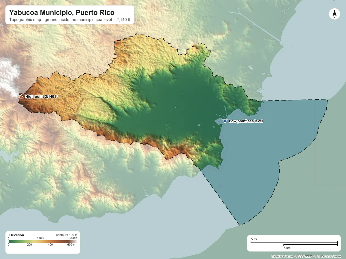 Topographic elevation map of Yabucoa Municipio, Puerto Rico, shaded from sea level on the Puerto de Yabucoa to 2,140 ft on the west side