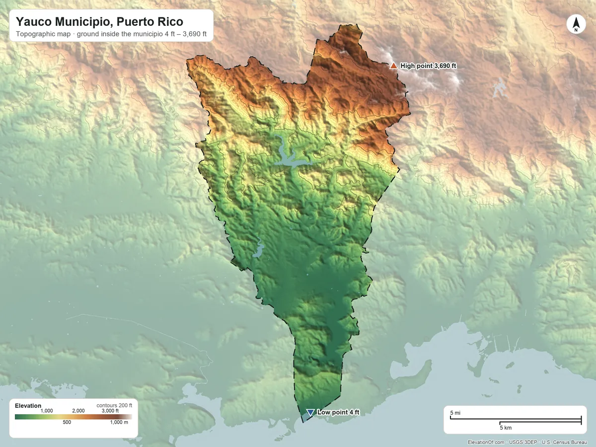 Topographic elevation map of Yauco Municipio, Puerto Rico, shaded from 4 ft on the south side to 3,690 ft on the northeast side