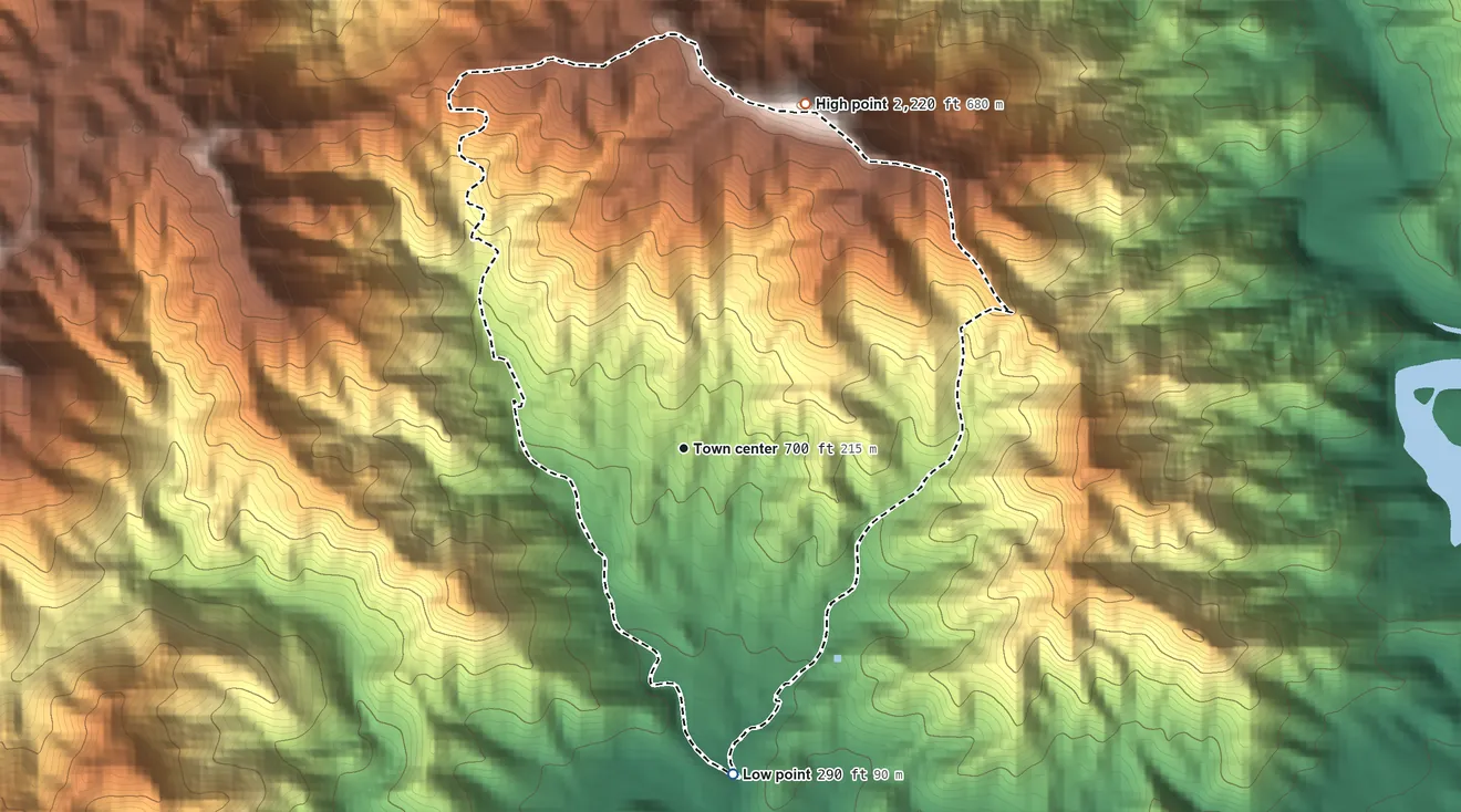 Topographic elevation map of Yaurel, Puerto Rico, shaded from 290 ft on the south side to 2,220 ft on the north edge, below higher ground just outside