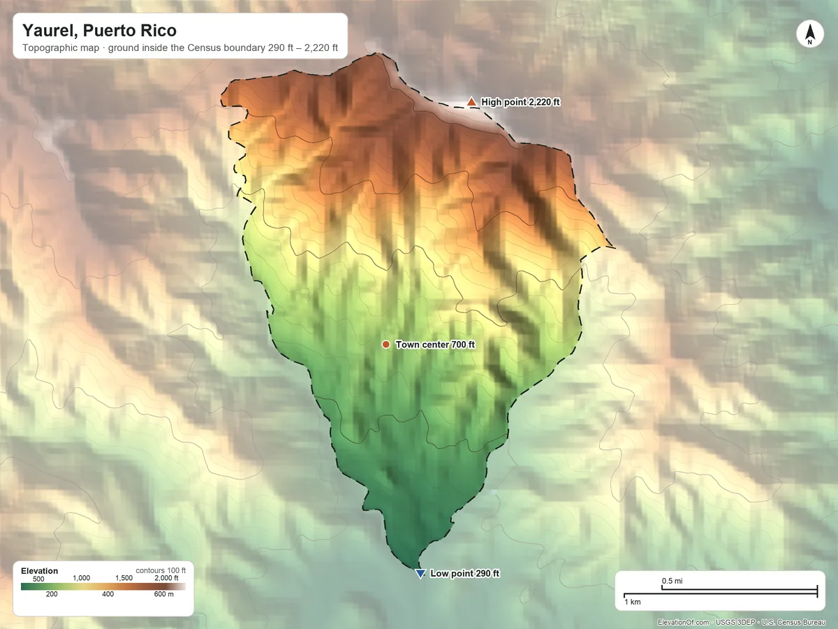 Topographic elevation map of Yaurel, Puerto Rico, shaded from 290 ft on the south side to 2,220 ft on the north edge, below higher ground just outside
