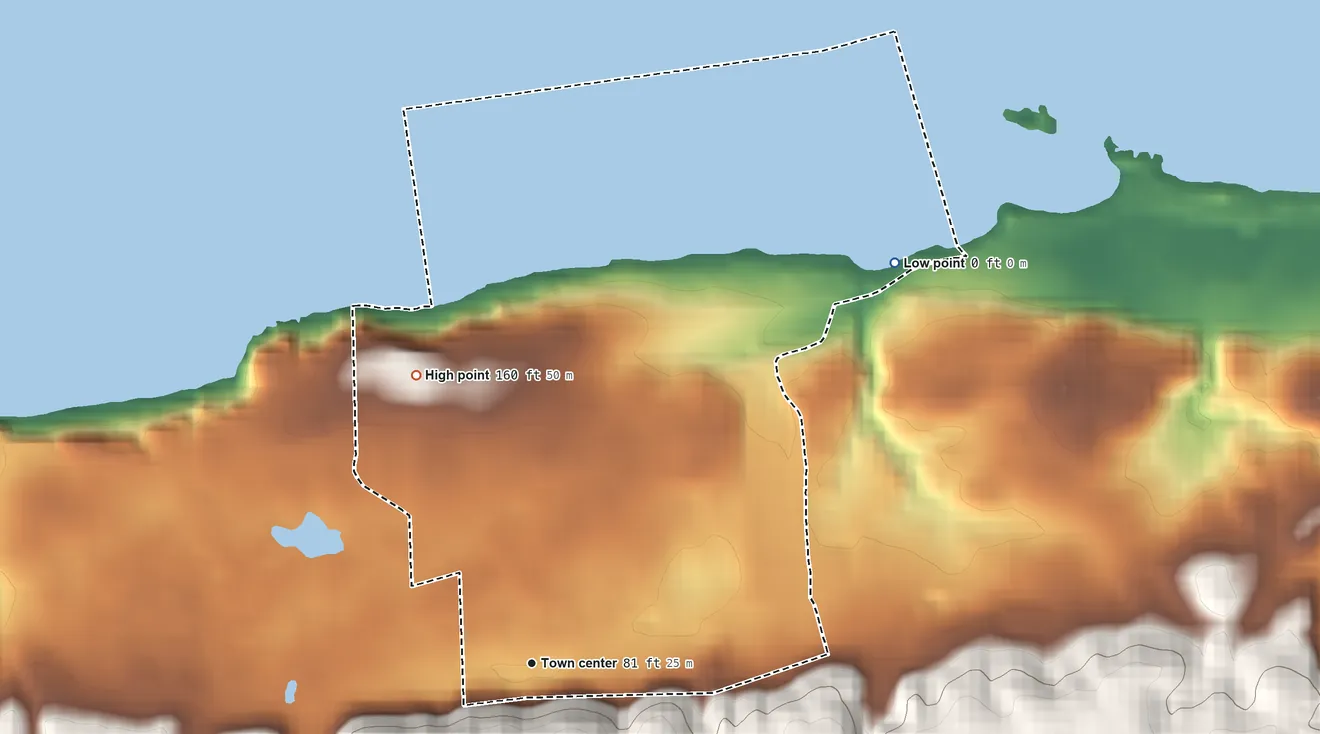 Topographic elevation map of Yeguada, Puerto Rico, shaded from sea level level on the Océano Atlántico to 160 ft on the north side