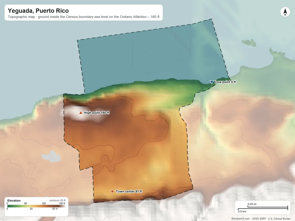 Topographic elevation map of Yeguada, Puerto Rico, shaded from sea level level on the Océano Atlántico to 160 ft on the north side