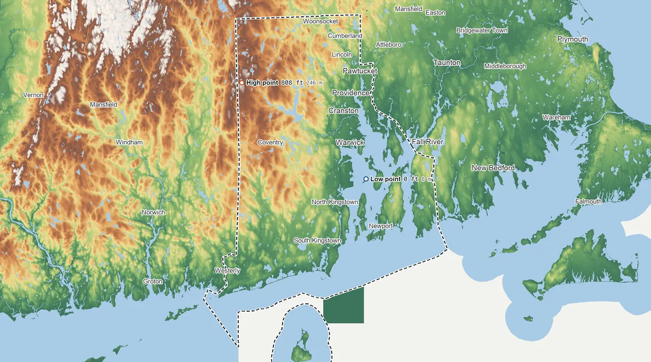 Topographic elevation map of Rhode Island, shaded from sea level on Narragansett Bay to 808 ft on Jerimoth Hill