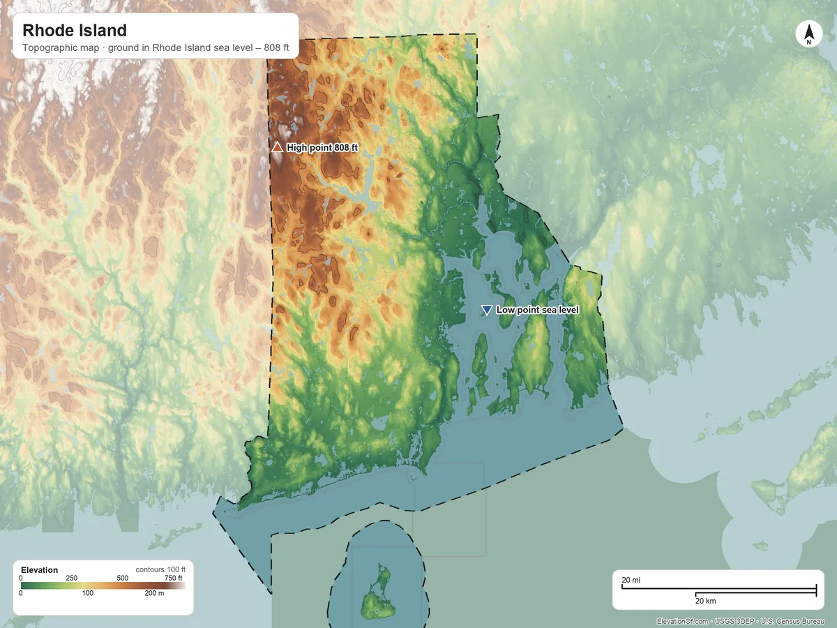 Topographic elevation map of Rhode Island, shaded from sea level on Narragansett Bay to 808 ft on Jerimoth Hill