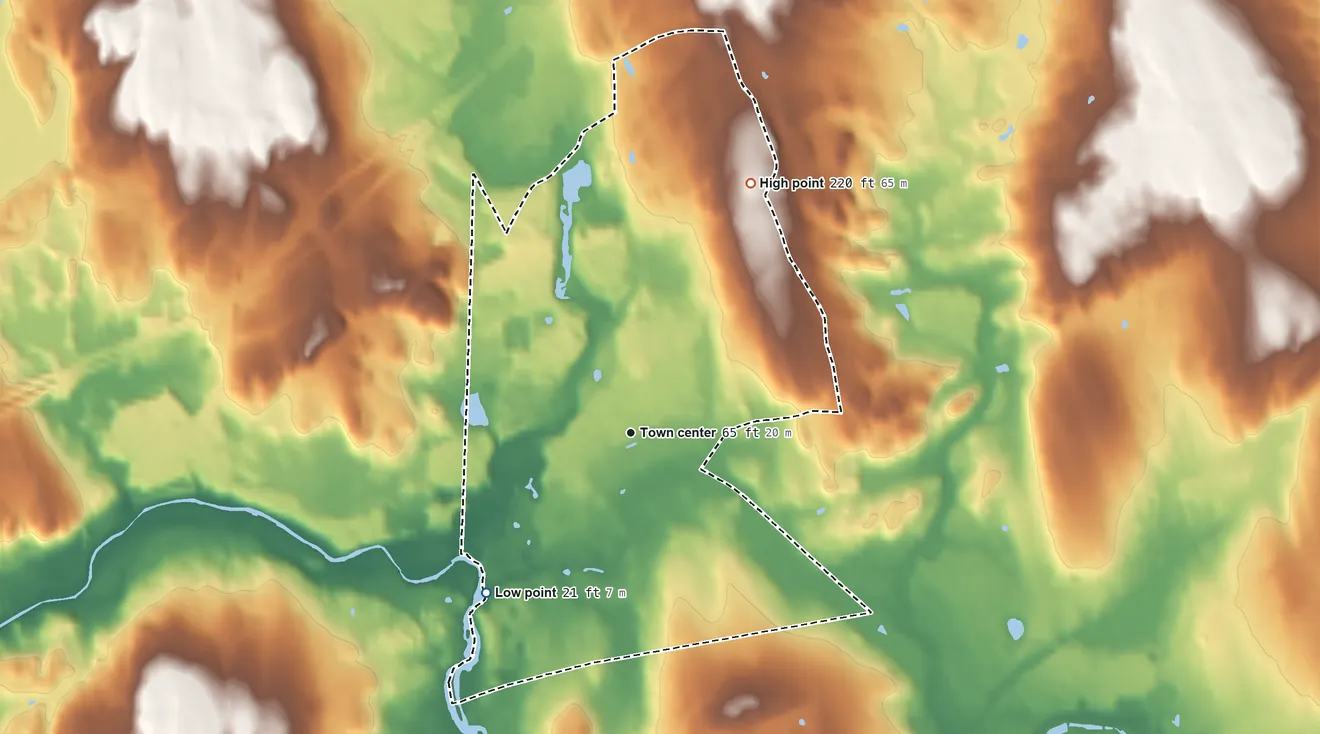 Topographic elevation map of Ashaway, Rhode Island, shaded from 21 ft on the southwest side to 220 ft on Diamond Hill
