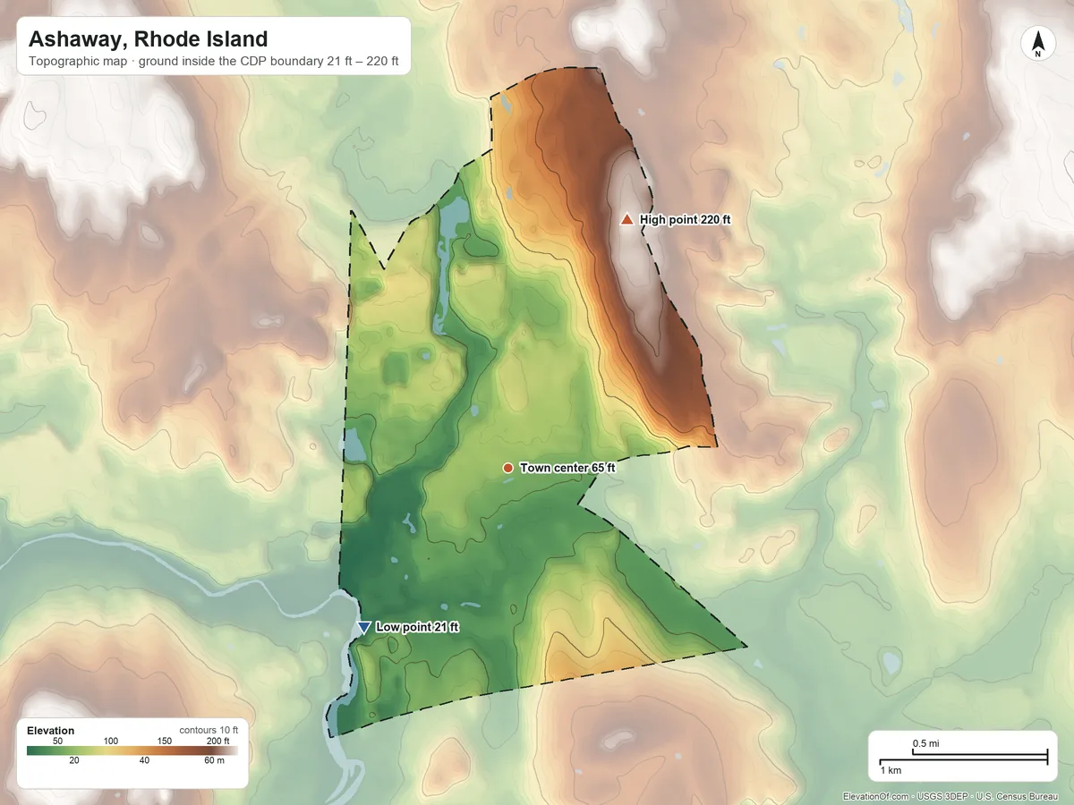 Topographic elevation map of Ashaway, Rhode Island, shaded from 21 ft on the southwest side to 220 ft on Diamond Hill