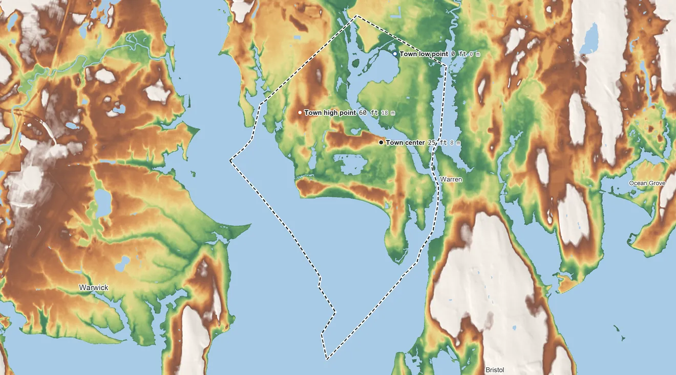 Topographic elevation map of Barrington, Rhode Island, shaded from 0 ft on the north side to 60 ft on the west side