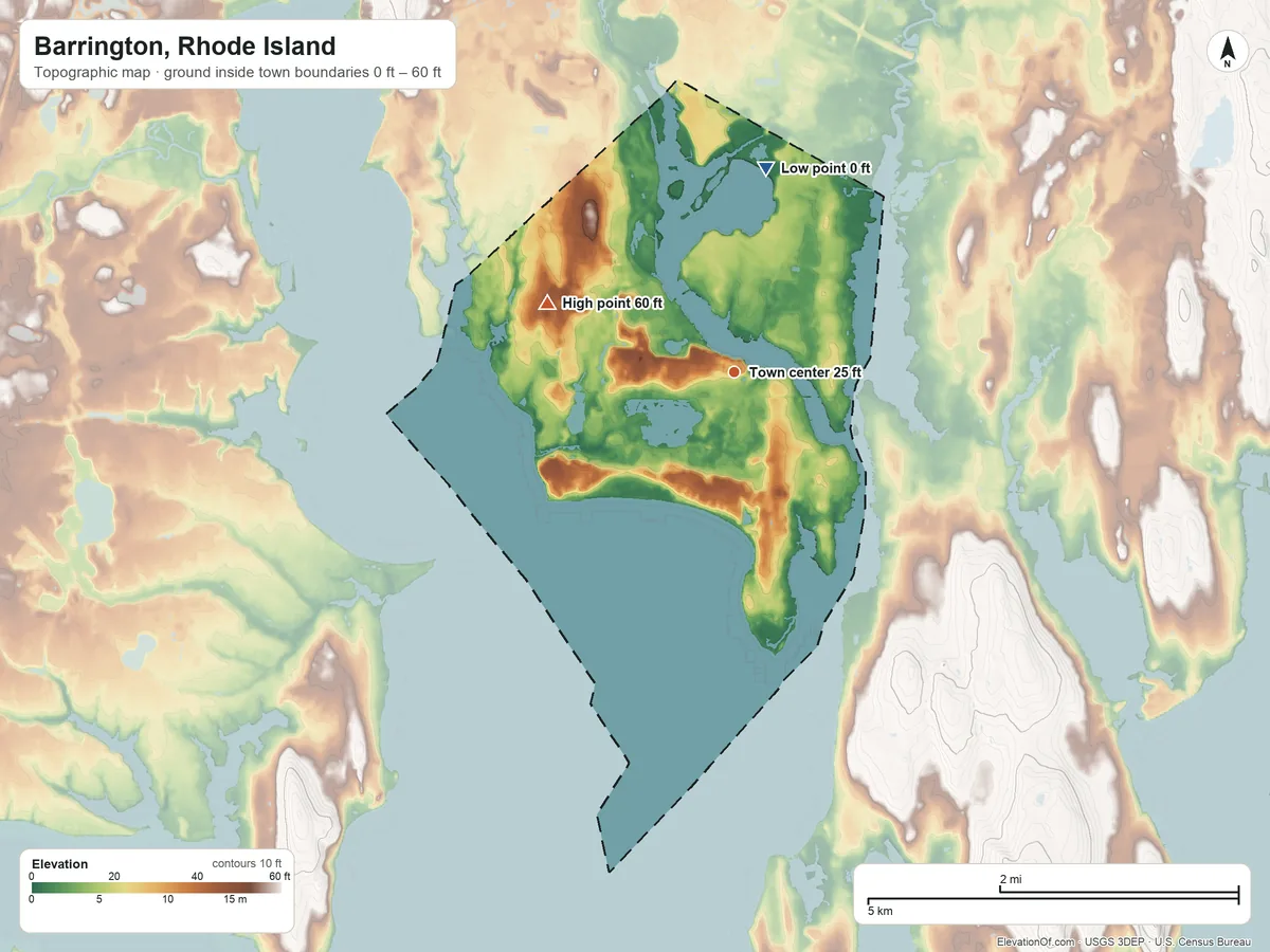 Topographic elevation map of Barrington, Rhode Island, shaded from 0 ft on the north side to 60 ft on the west side