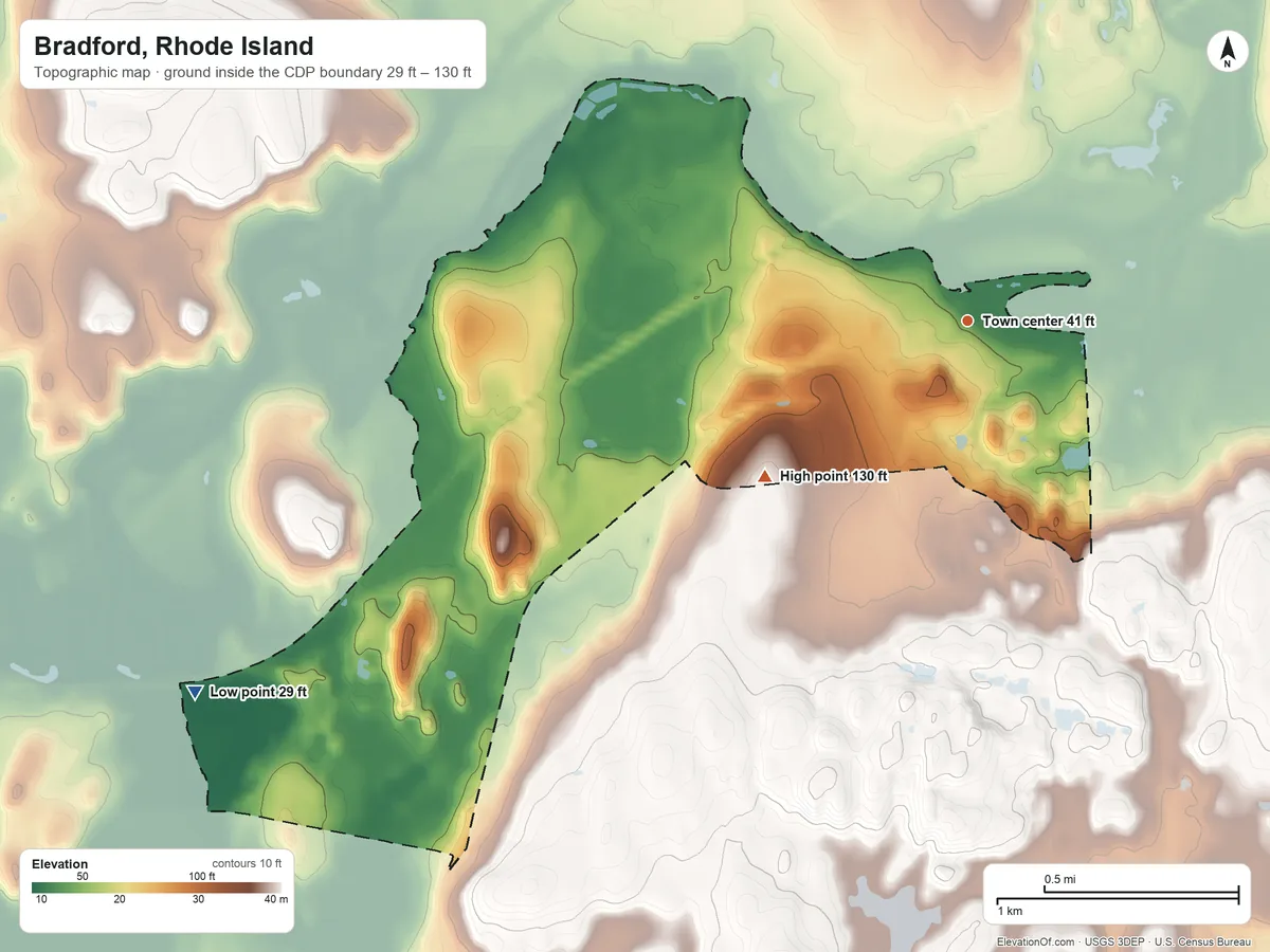 Topographic elevation map of Bradford, Rhode Island, shaded from 29 ft on the southwest side to 130 ft on the southwest side