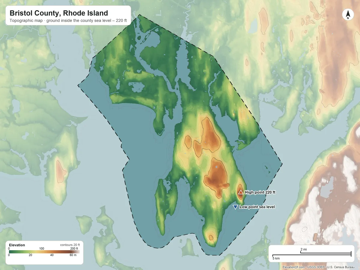 Topographic elevation map of Bristol County, Rhode Island, shaded from sea level on Mount Hope Bay to 220 ft on Mount Hope