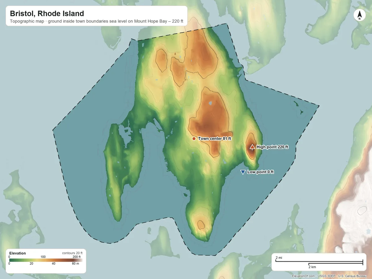 Topographic elevation map of Bristol, Rhode Island, shaded from sea level level on Mount Hope Bay to 220 ft on Mount Hope