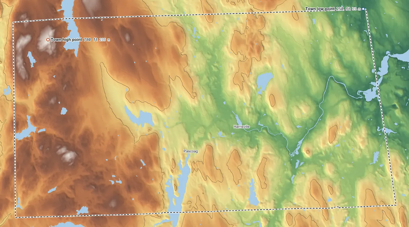 Topographic elevation map of Burrillville, Rhode Island, shaded from 250 ft on the northeast side to 780 ft on the northwest side