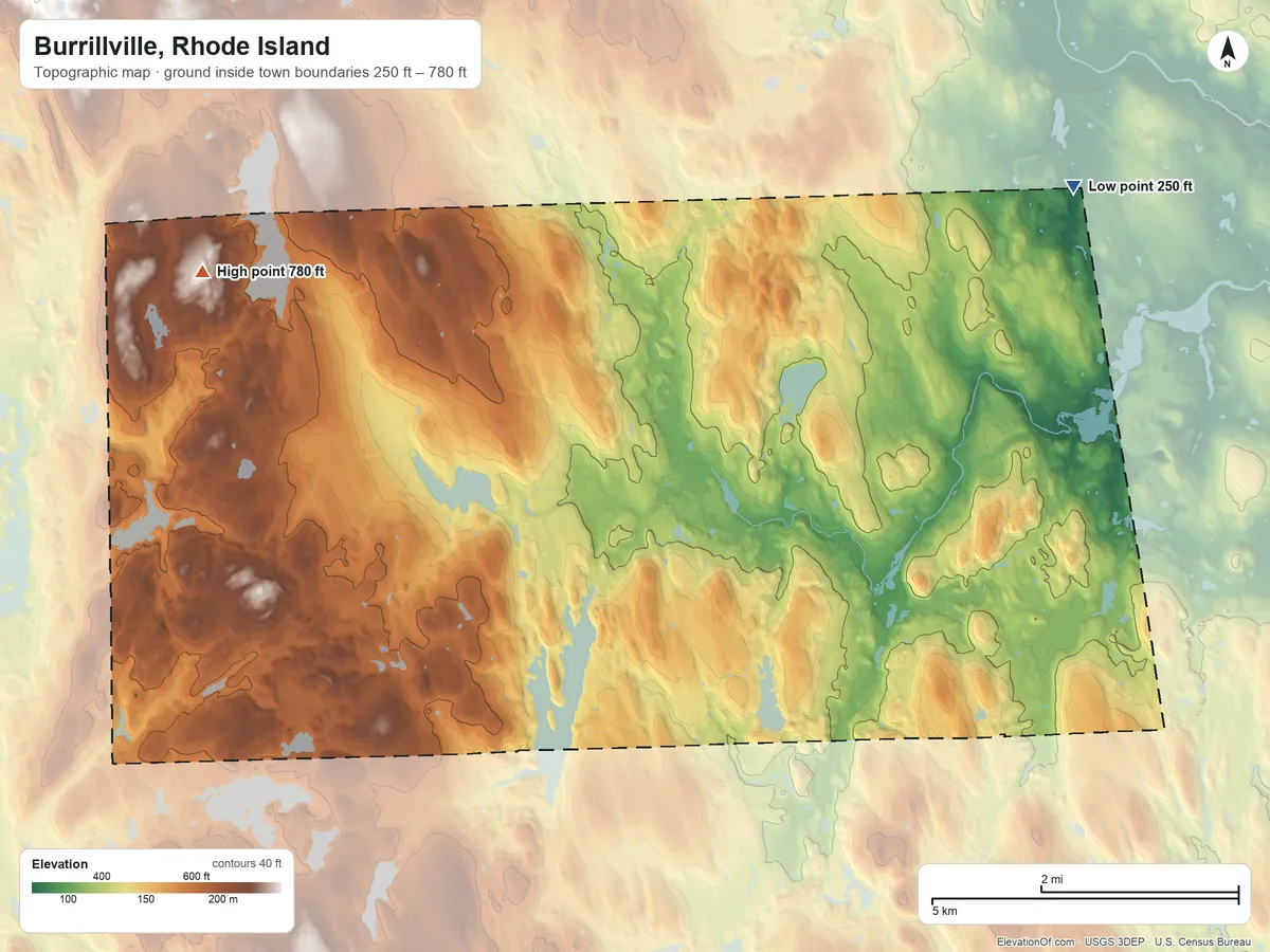 Topographic elevation map of Burrillville, Rhode Island, shaded from 250 ft on the northeast side to 780 ft on the northwest side