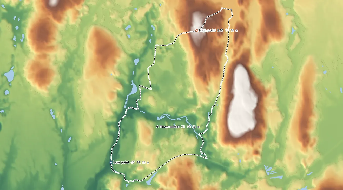 Topographic elevation map of Carolina, Rhode Island, shaded from 47 ft on the southwest side to 240 ft on the north side