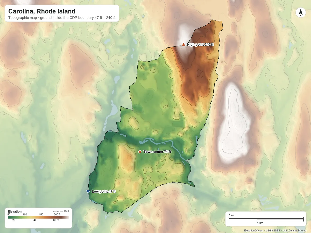 Topographic elevation map of Carolina, Rhode Island, shaded from 47 ft on the southwest side to 240 ft on the north side