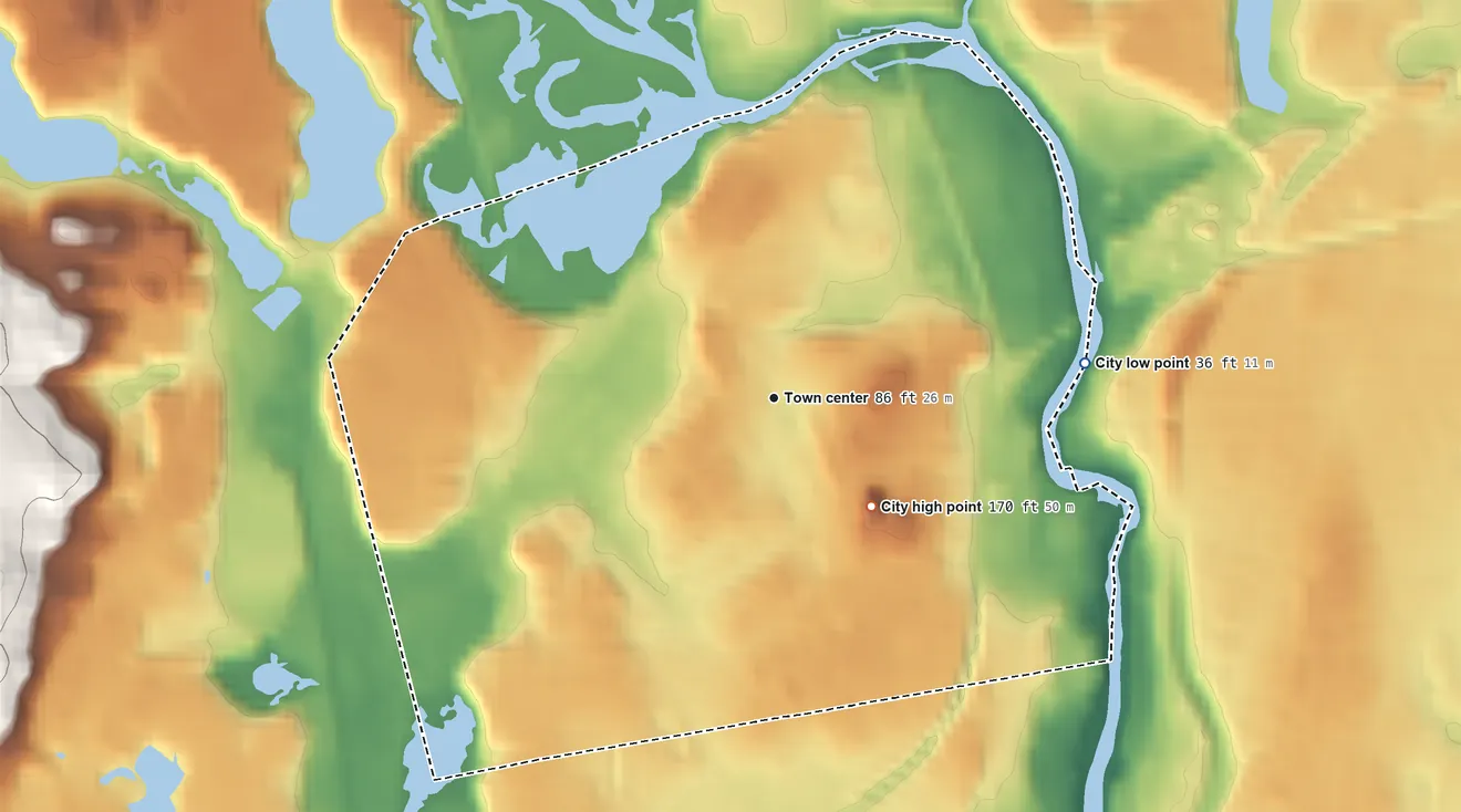 Topographic elevation map of Central Falls, Rhode Island, shaded from 36 ft on the east side to 166 ft on Dexters Ledge