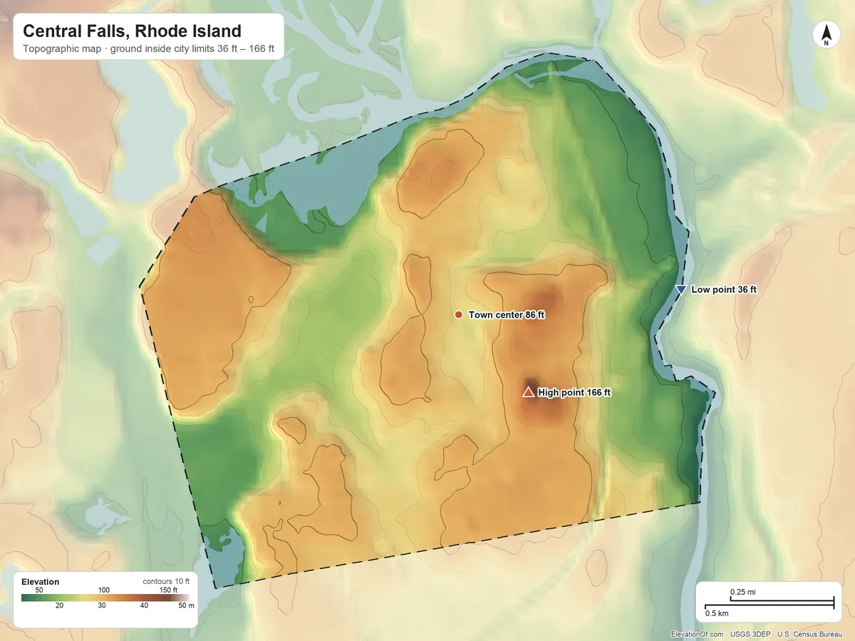 Topographic elevation map of Central Falls, Rhode Island, shaded from 36 ft on the east side to 166 ft on Dexters Ledge