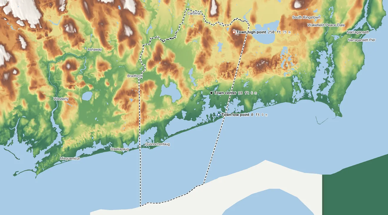 Topographic elevation map of Charlestown, Rhode Island, shaded from sea level level on the Atlantic Ocean to 250 ft on the north side