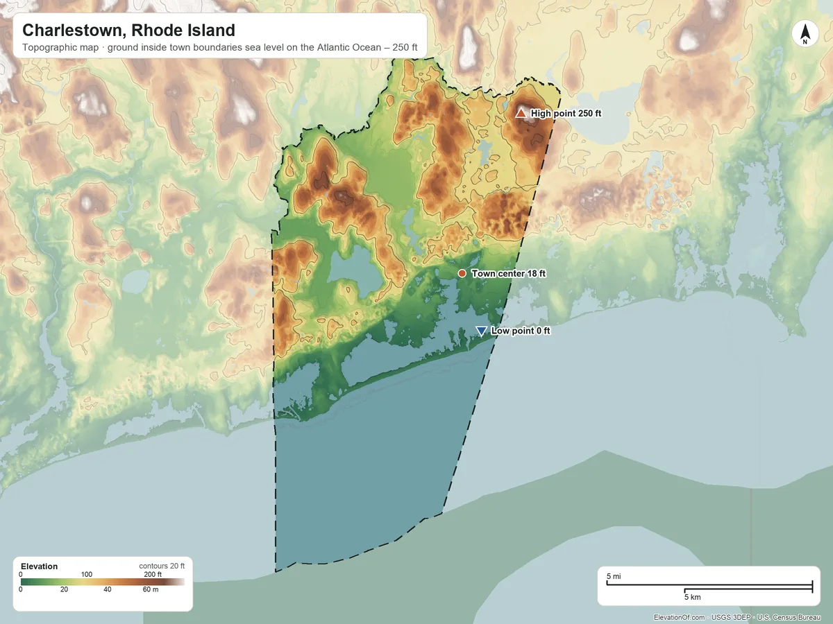 Topographic elevation map of Charlestown, Rhode Island, shaded from sea level level on the Atlantic Ocean to 250 ft on the north side