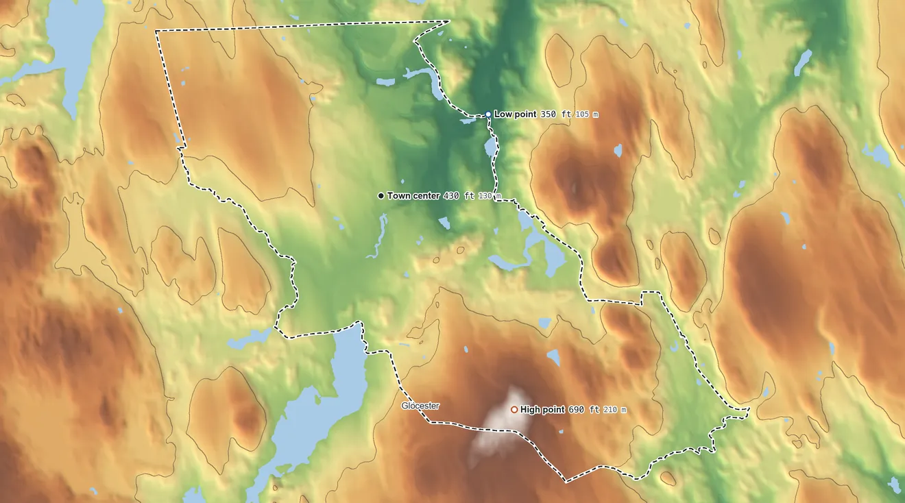 Topographic elevation map of Chepachet, Rhode Island, shaded from 350 ft on the northeast side to 690 ft on Tourtellotte Hill