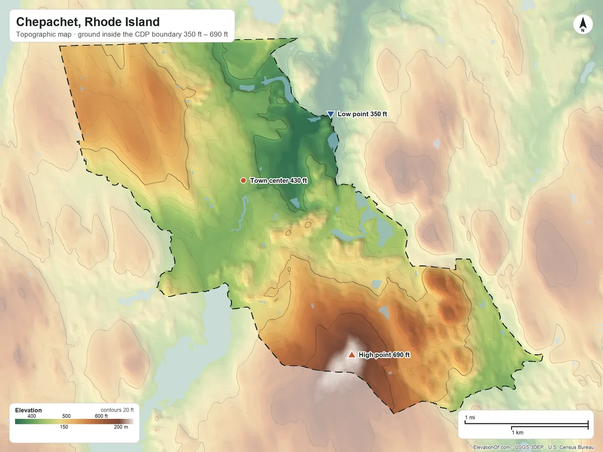 Topographic elevation map of Chepachet, Rhode Island, shaded from 350 ft on the northeast side to 690 ft on Tourtellotte Hill