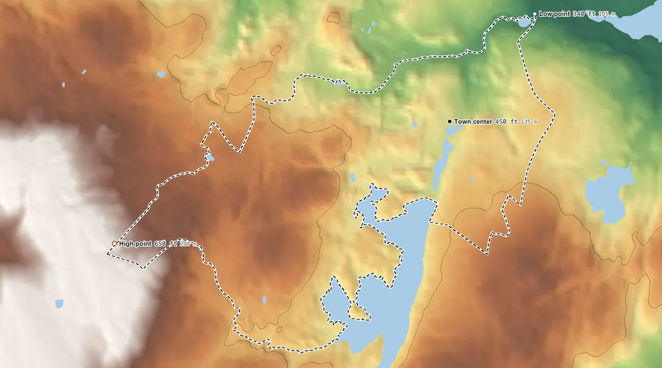 Topographic elevation map of Clayville, Rhode Island, shaded from 340 ft on the northeast side to 650 ft on the west side