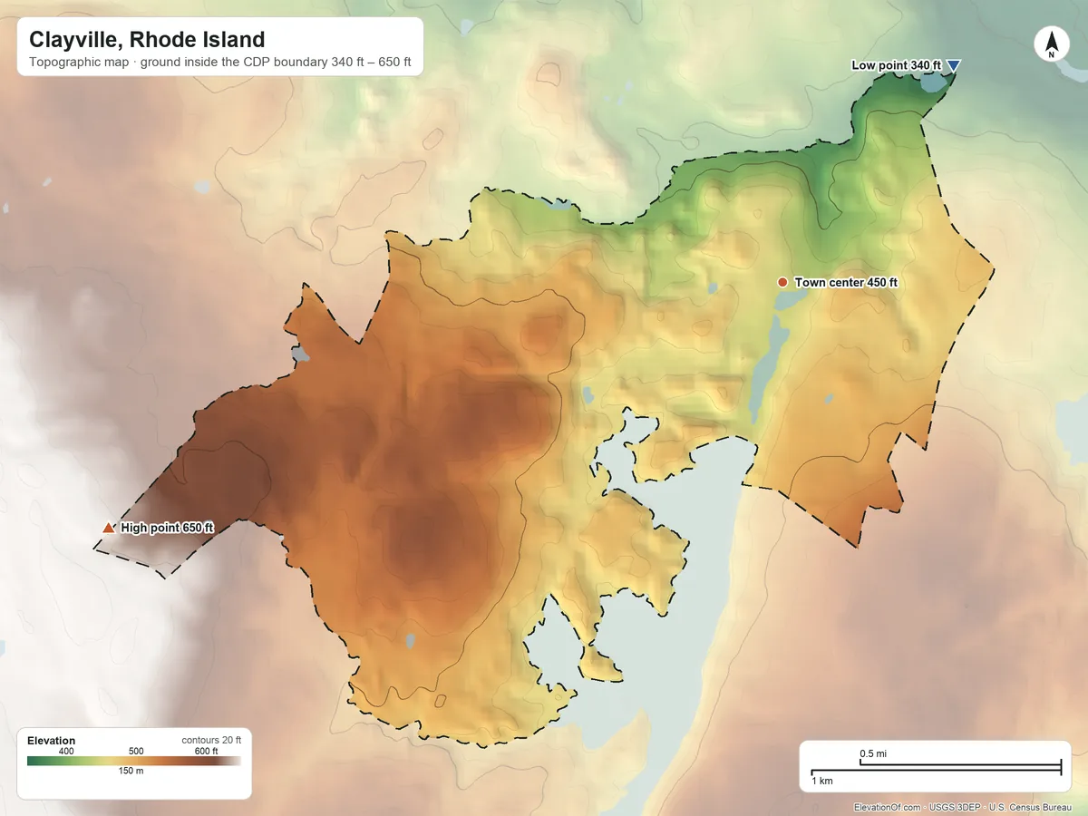 Topographic elevation map of Clayville, Rhode Island, shaded from 340 ft on the northeast side to 650 ft on the west side