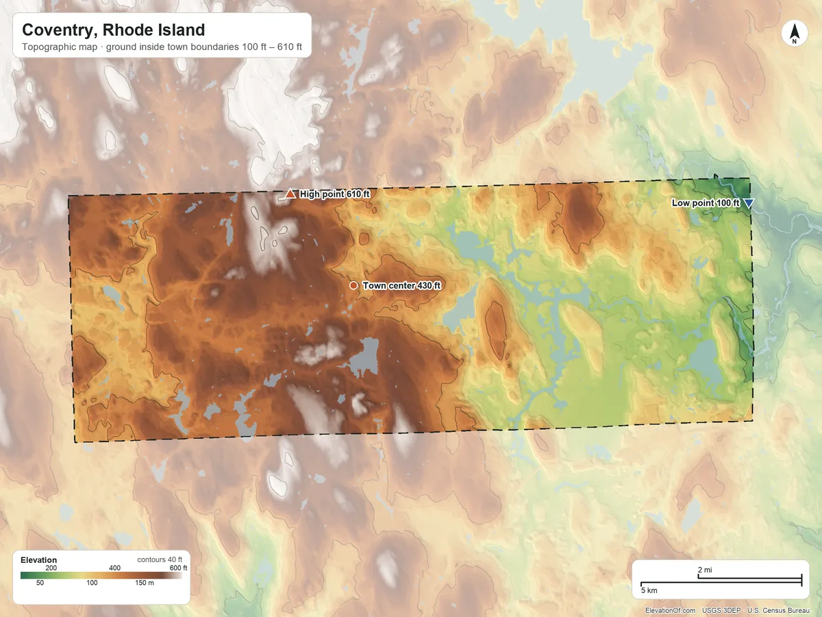 Topographic elevation map of Coventry, Rhode Island, shaded from 100 ft on the east side to 610 ft on the northwest side