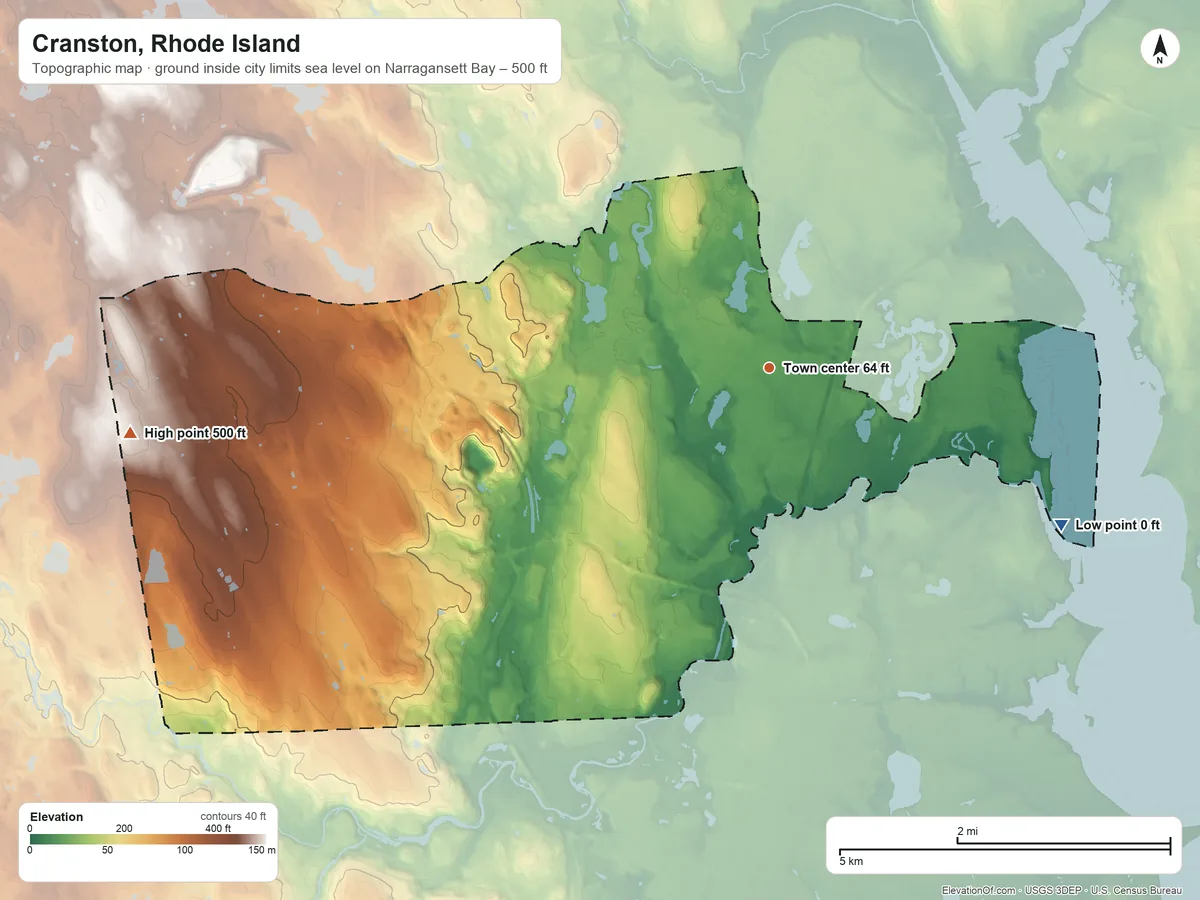 Topographic elevation map of Cranston, Rhode Island, shaded from sea level level on Narragansett Bay to 500 ft on Bald Hill
