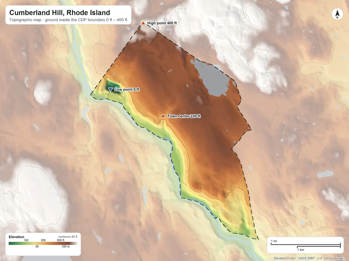 Topographic elevation map of Cumberland Hill, Rhode Island, shaded from 0 ft on the northwest side to 400 ft on the north side