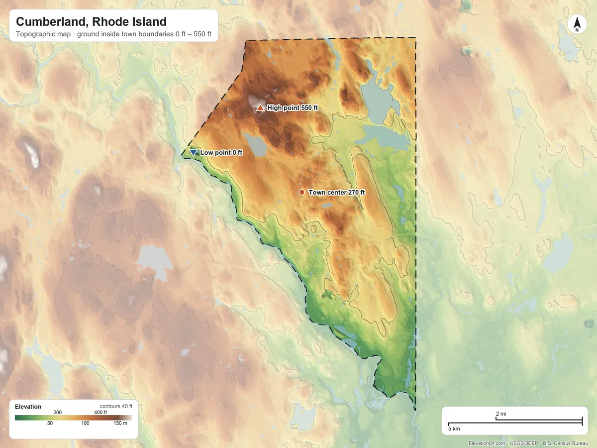 Topographic elevation map of Cumberland, Rhode Island, shaded from 0 ft on the west side to 550 ft on Beacon Pole Hill