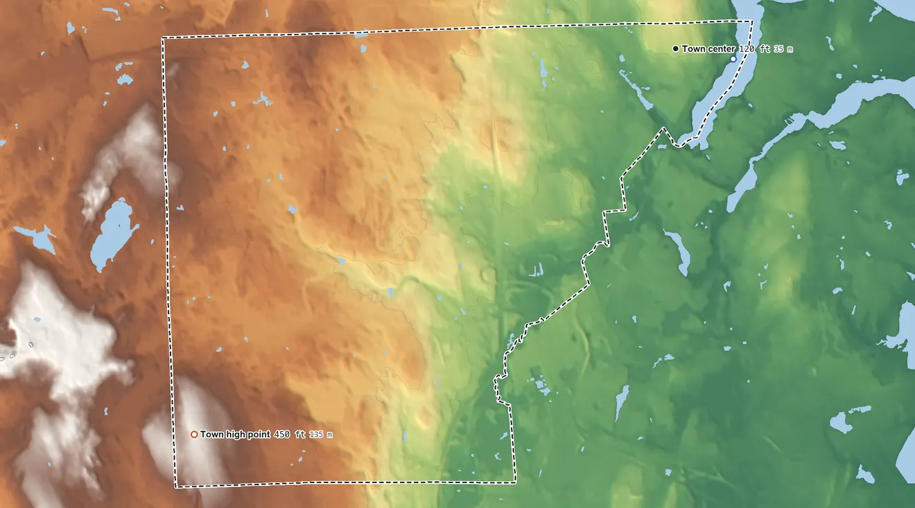 Topographic elevation map of East Greenwich, Rhode Island, shaded from sea level level on Greenwich Cove to 450 ft on the southwest side