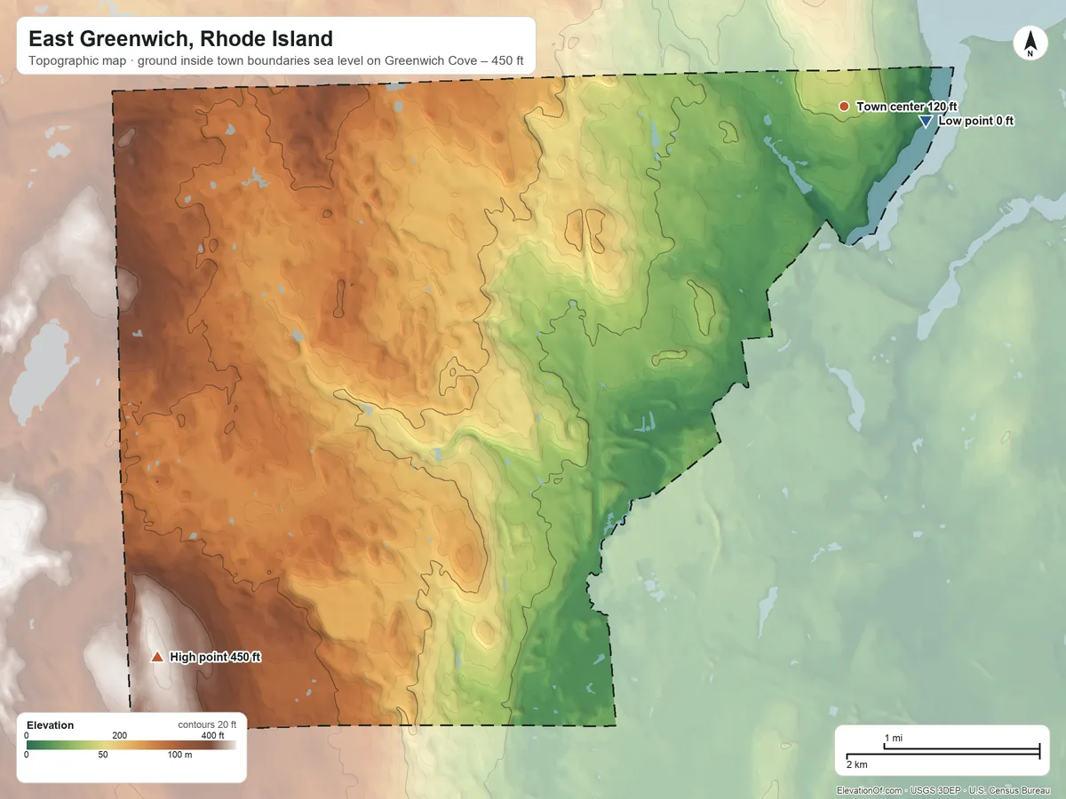 Topographic elevation map of East Greenwich, Rhode Island, shaded from sea level level on Greenwich Cove to 450 ft on the southwest side