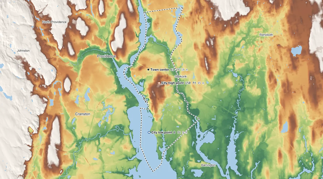Topographic elevation map of East Providence, Rhode Island, shaded from sea level level on Narragansett Bay to 150 ft near the middle