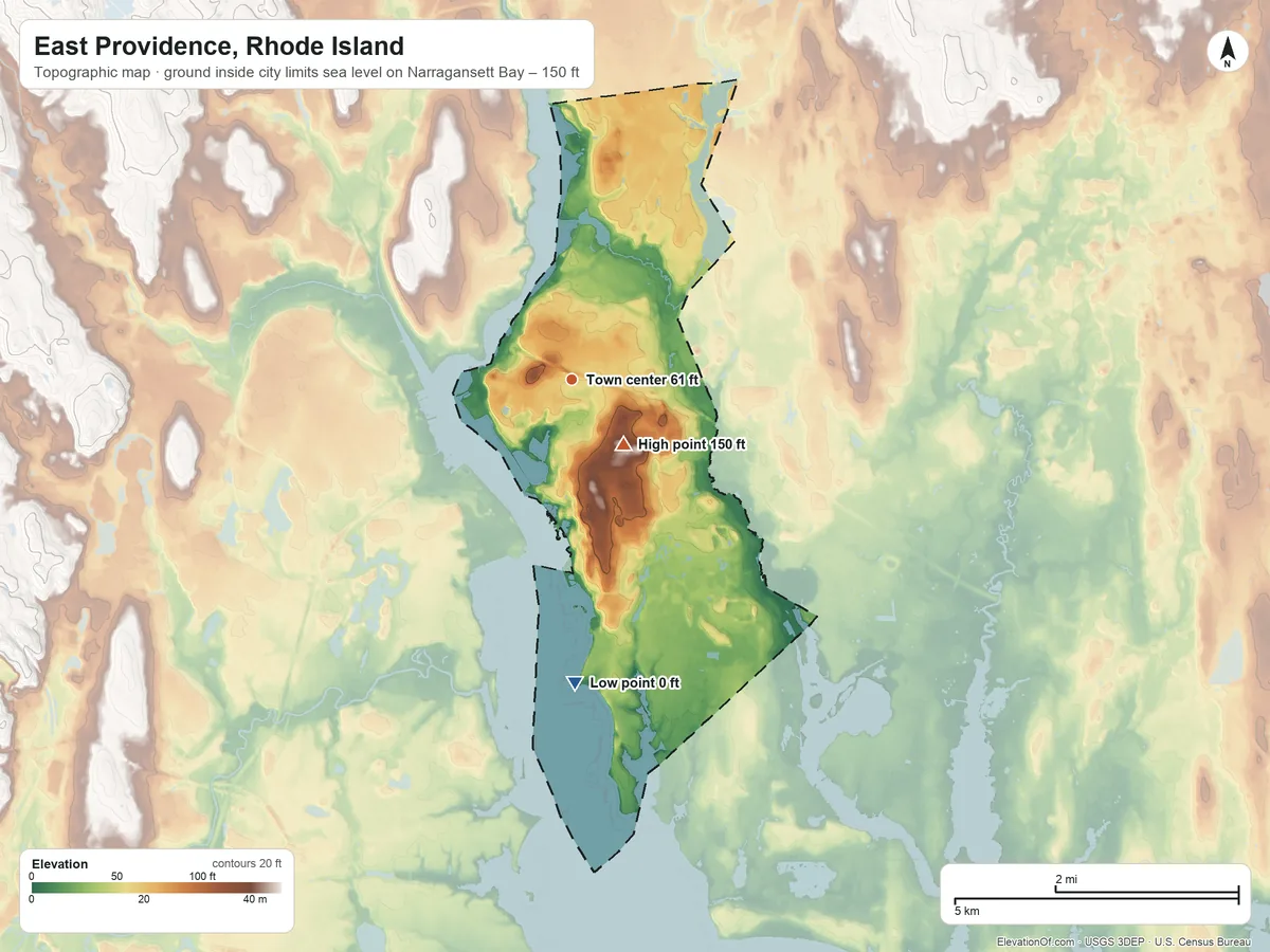 Topographic elevation map of East Providence, Rhode Island, shaded from sea level level on Narragansett Bay to 150 ft near the middle
