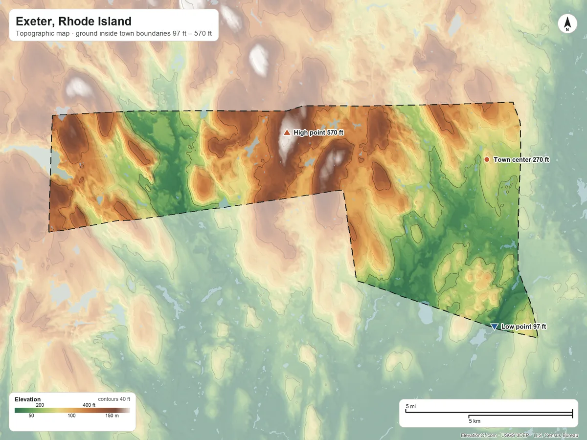 Topographic elevation map of Exeter, Rhode Island, shaded from 97 ft on the south side to 570 ft on the west side