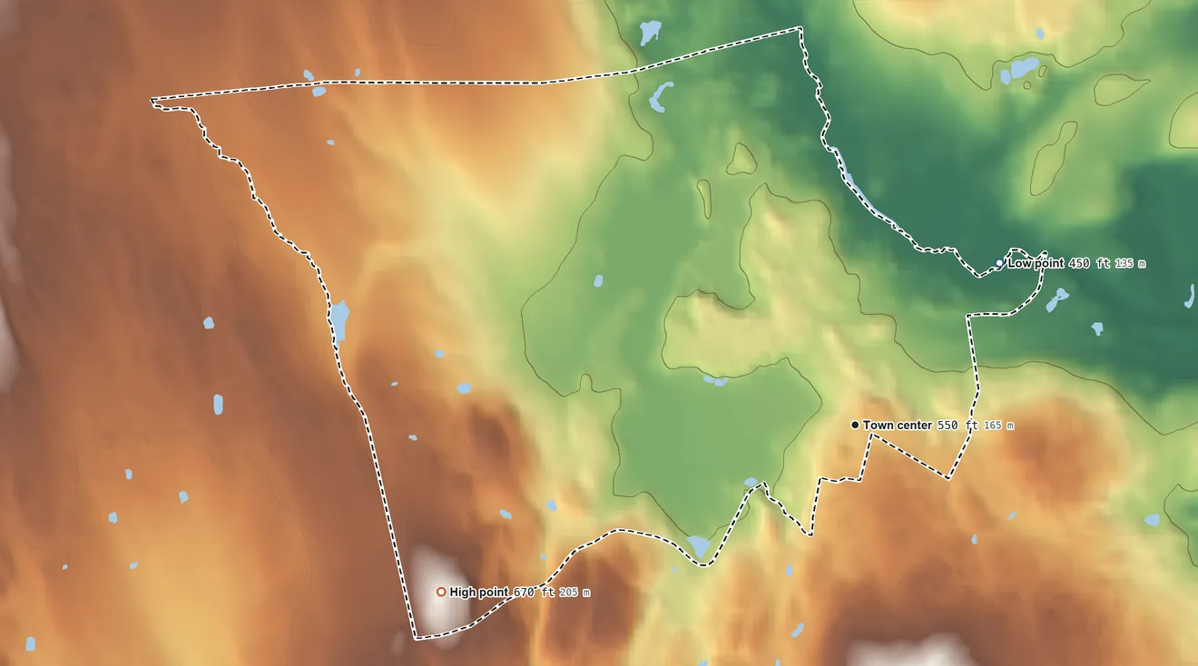 Topographic elevation map of Foster Center, Rhode Island, shaded from 450 ft on the northeast side to 670 ft on Bennett Hill