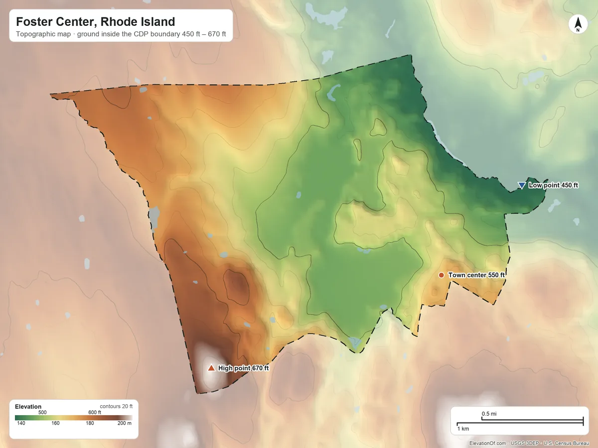 Topographic elevation map of Foster Center, Rhode Island, shaded from 450 ft on the northeast side to 670 ft on Bennett Hill