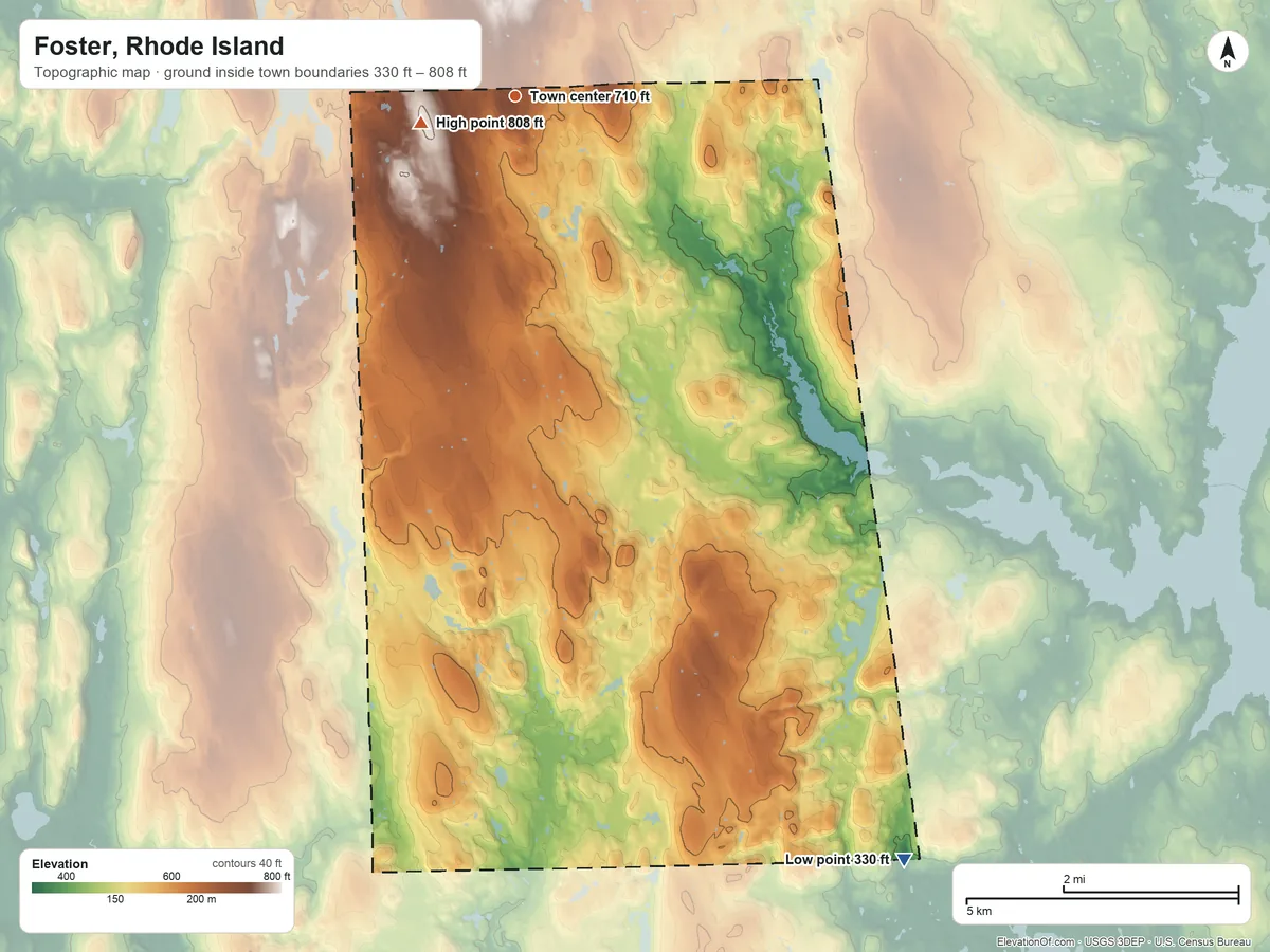 Topographic elevation map of Foster, Rhode Island, shaded from 330 ft on the southeast side to 808 ft on Jerimoth Hill