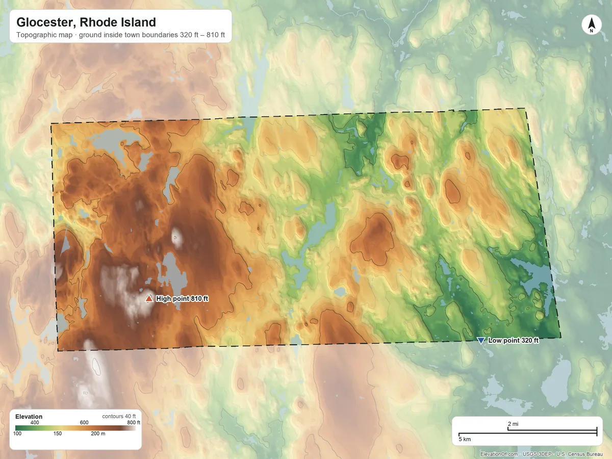Topographic elevation map of Glocester, Rhode Island, shaded from 320 ft on the southeast side to 810 ft on the west side