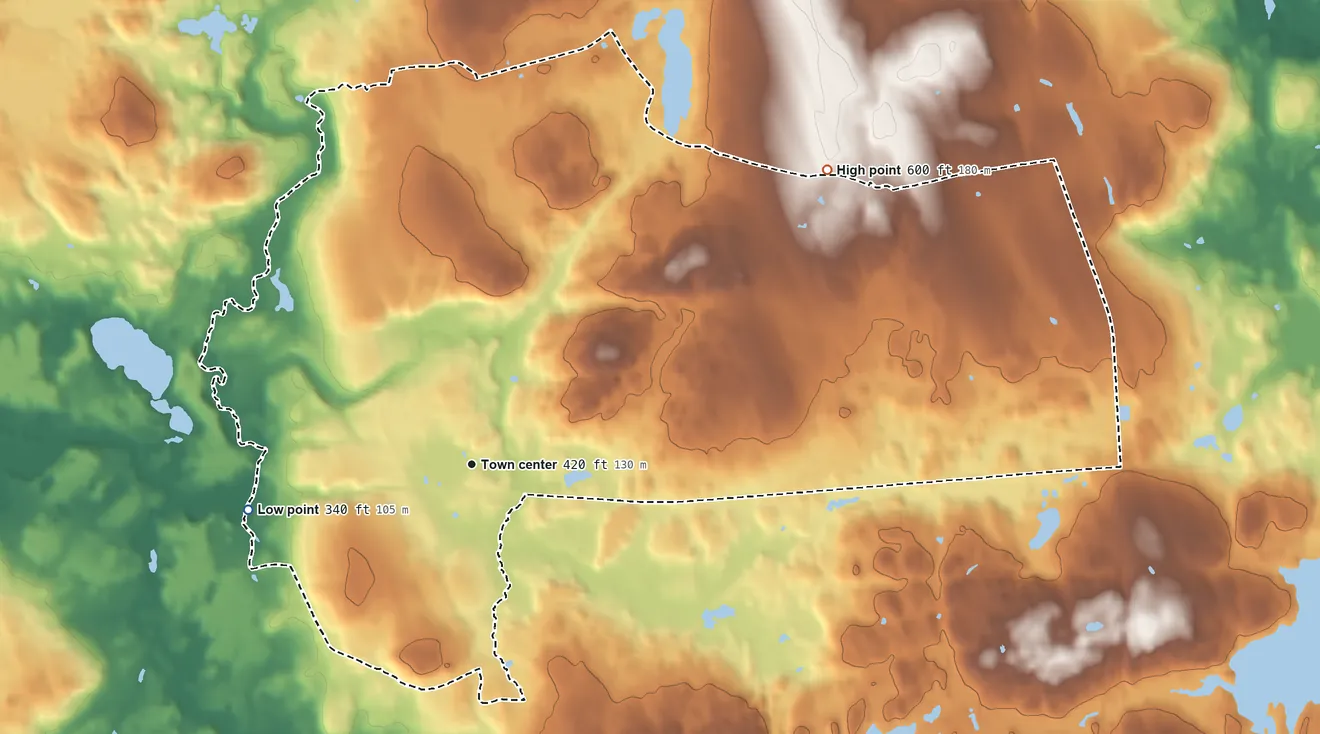 Topographic elevation map of Greene, Rhode Island, shaded from 340 ft on the west side to 600 ft on the northeast side