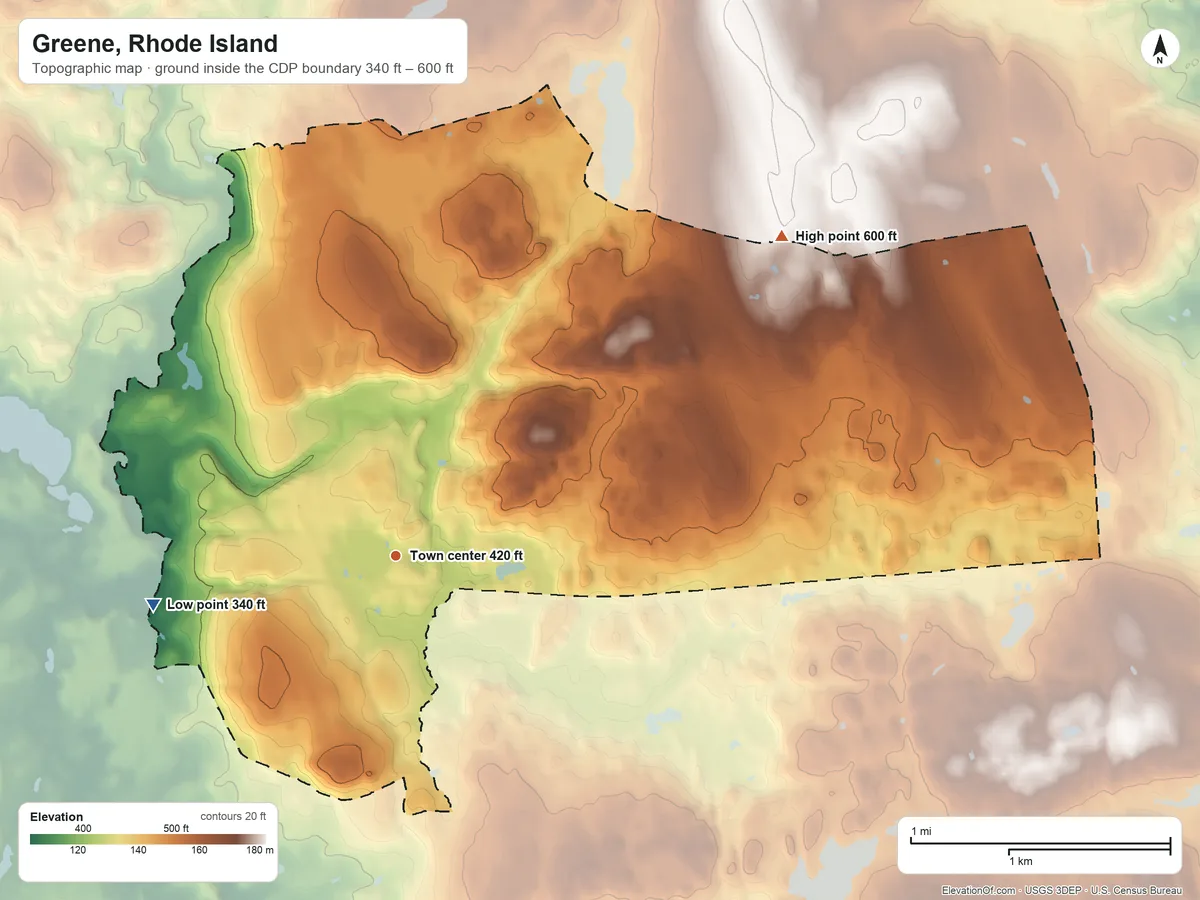 Topographic elevation map of Greene, Rhode Island, shaded from 340 ft on the west side to 600 ft on the northeast side