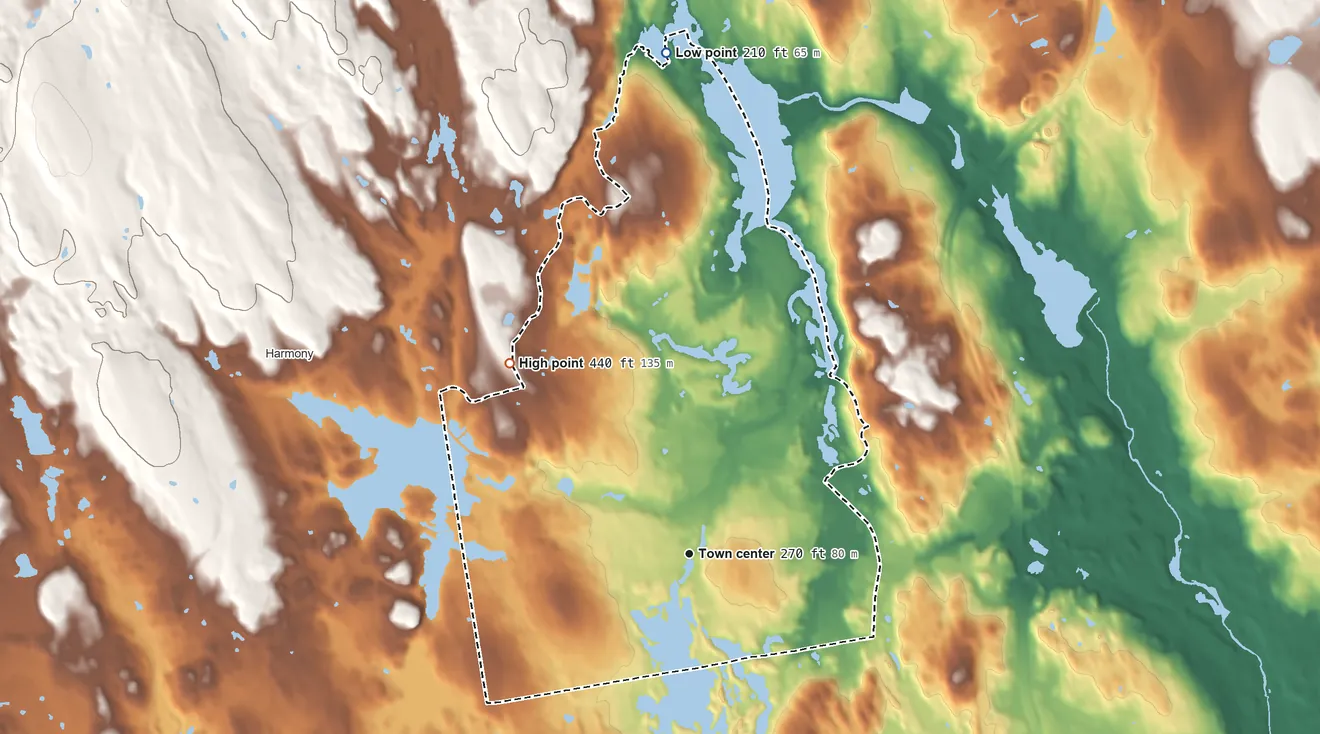 Topographic elevation map of Greenville, Rhode Island, shaded from 210 ft on the north side to 440 ft on the northwest side