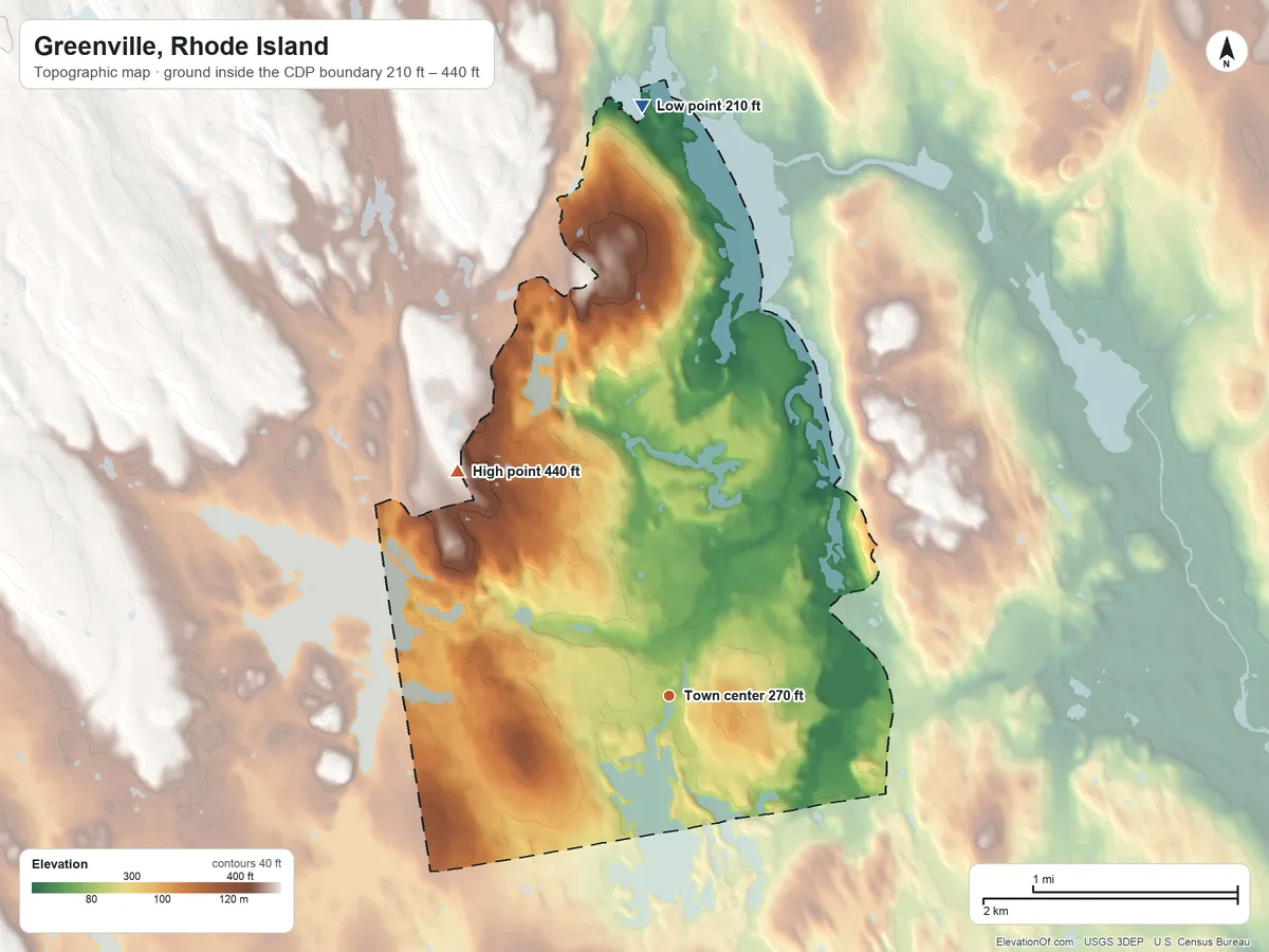 Topographic elevation map of Greenville, Rhode Island, shaded from 210 ft on the north side to 440 ft on the northwest side