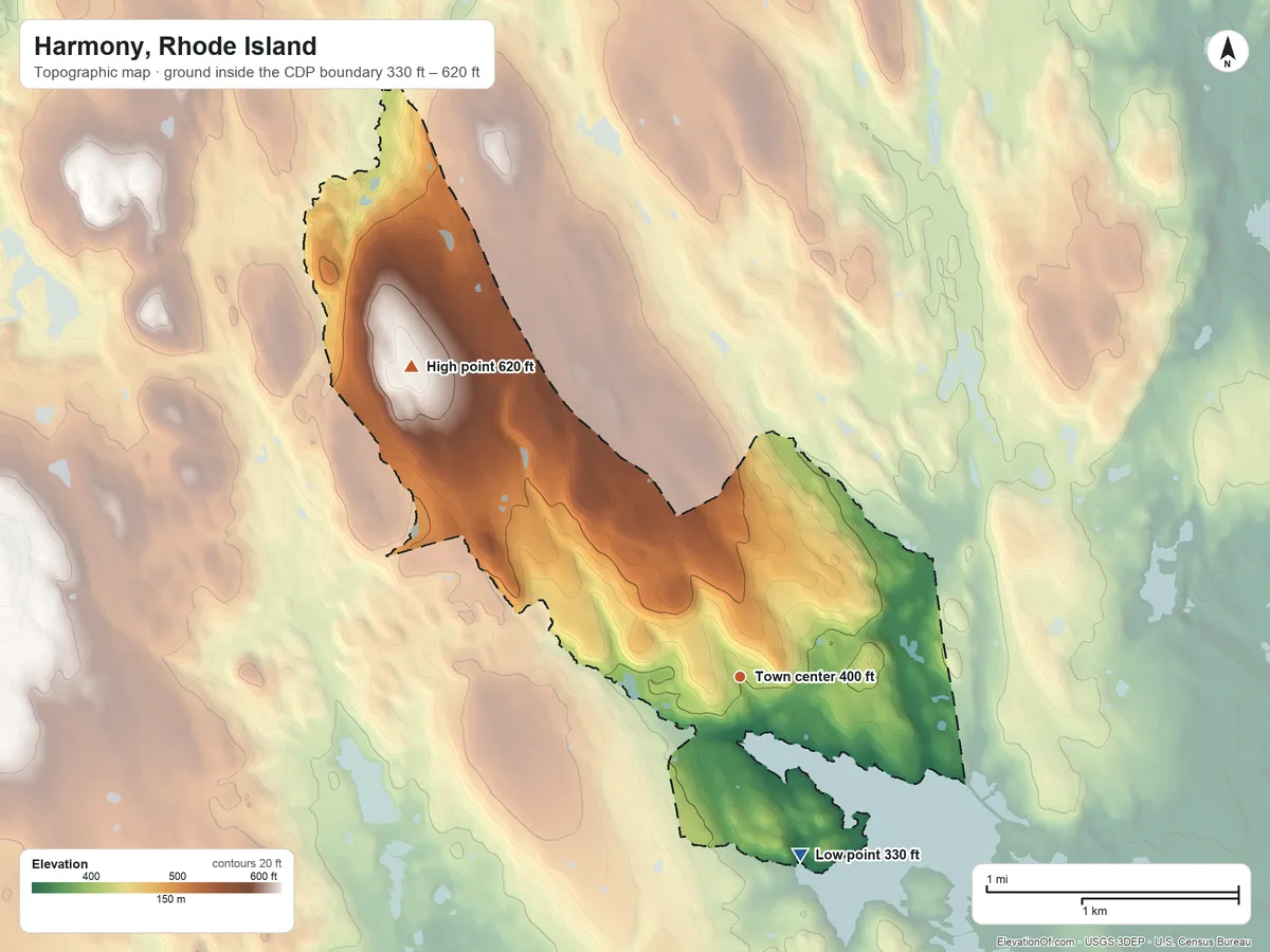 Topographic elevation map of Harmony, Rhode Island, shaded from 330 ft on the south side to 620 ft on Absalona Hill