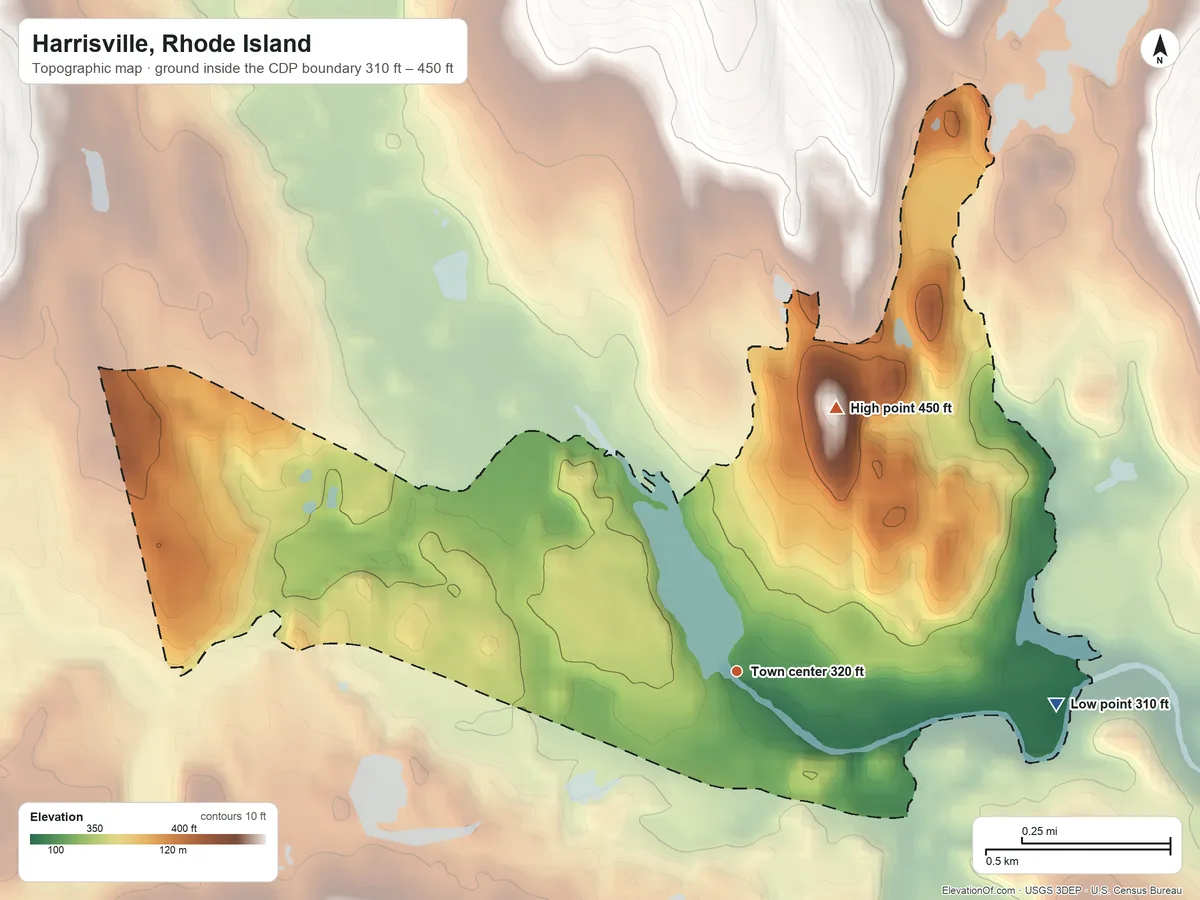 Topographic elevation map of Harrisville, Rhode Island, shaded from 310 ft on the east side to 450 ft on the north side