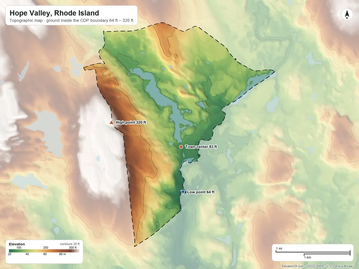 Topographic elevation map of Hope Valley, Rhode Island, shaded from 64 ft on the south side to 320 ft on the west side