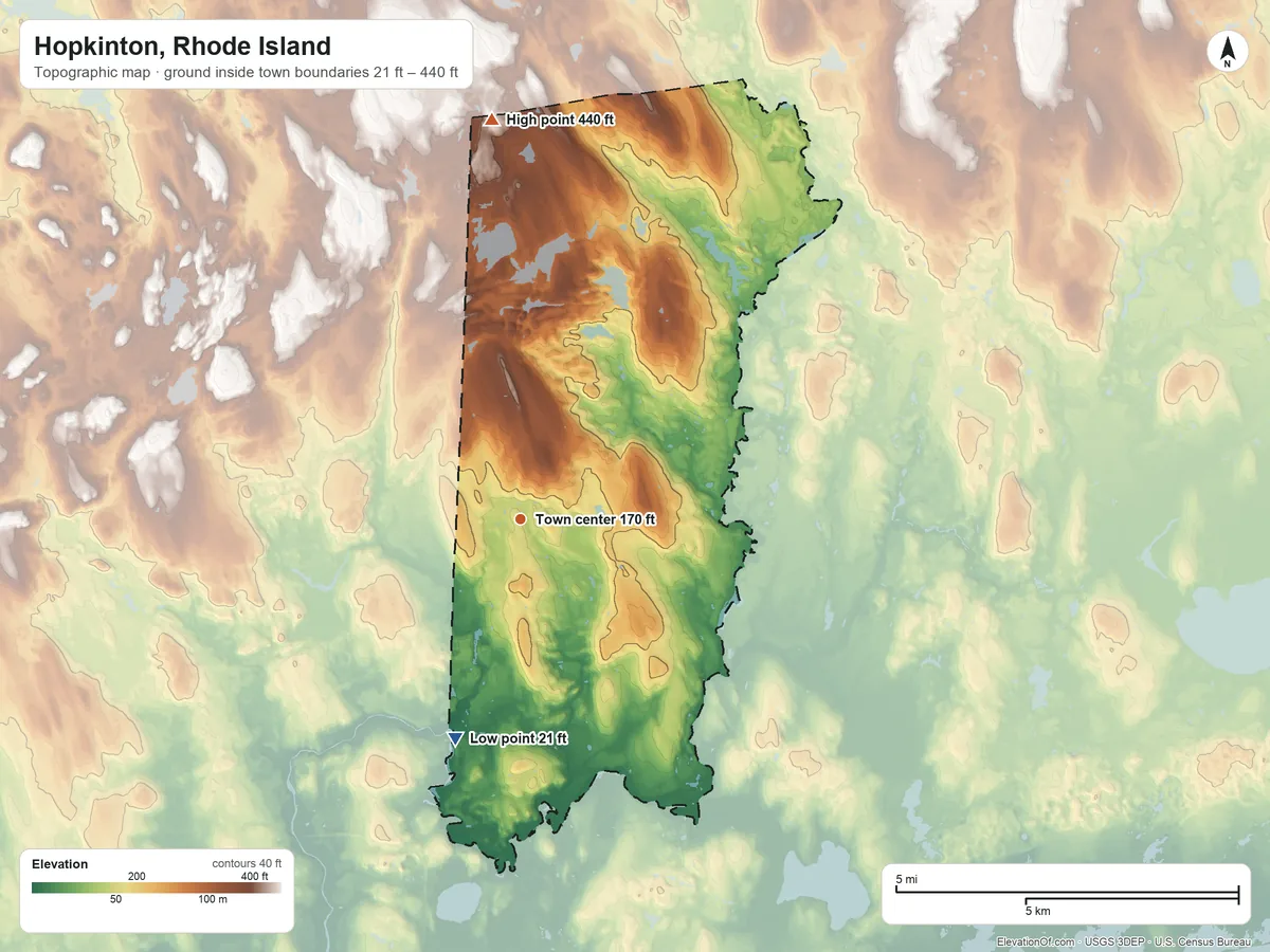 Topographic elevation map of Hopkinton, Rhode Island, shaded from 21 ft on the south side to 440 ft on the north side