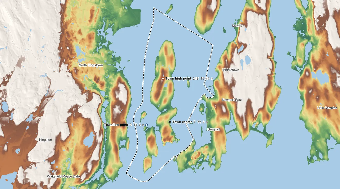 Topographic elevation map of Jamestown, Rhode Island, shaded from sea level level on Narragansett Bay to 140 ft on the north side