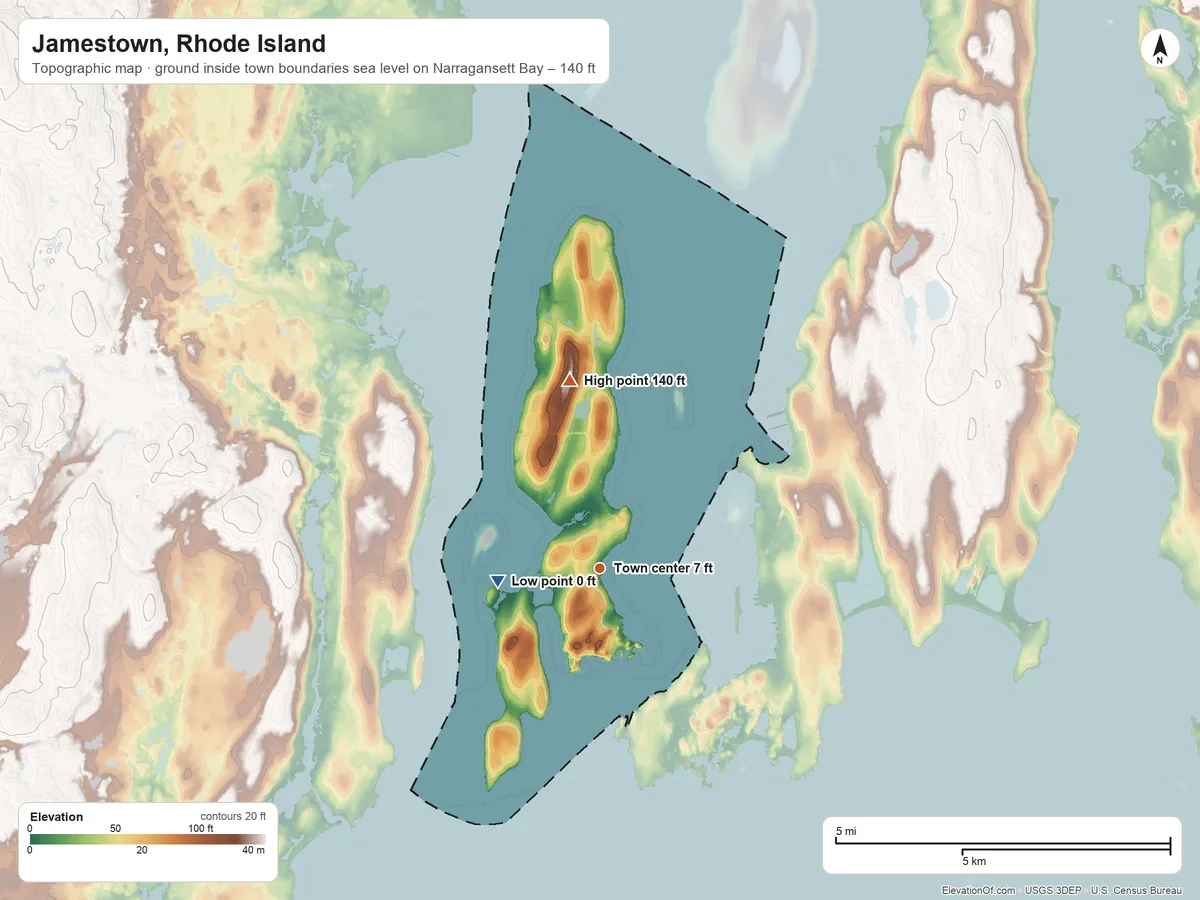 Topographic elevation map of Jamestown, Rhode Island, shaded from sea level level on Narragansett Bay to 140 ft on the north side